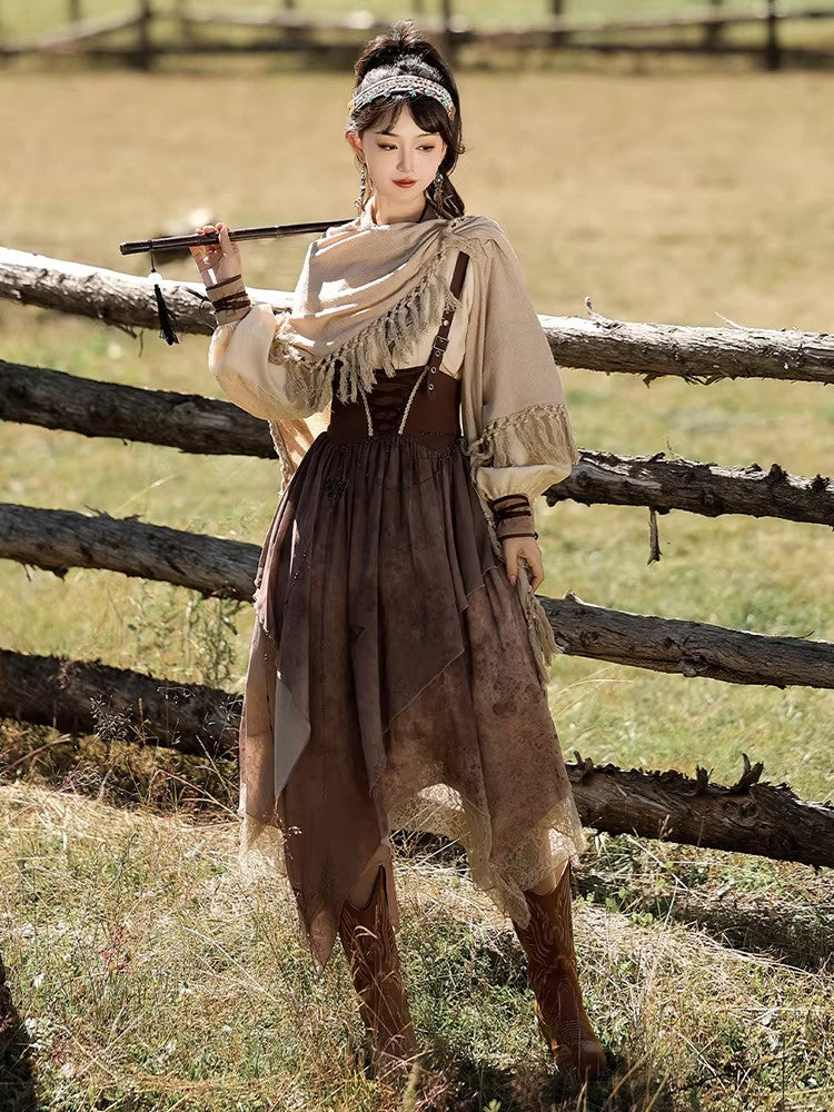 Golden Dunes | Modern Chinese Hanfu Set with Shawl Top and Suspender Dress