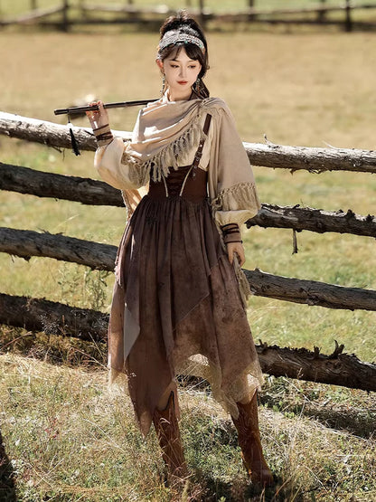 Golden Dunes | Modern Chinese Hanfu Set with Shawl Top and Suspender Dress