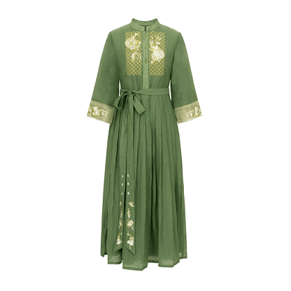 New Chinese Style Women Tencel Pleated Dress with Traditional Patch Motifs - Yu Fanghua 翠玉芳华 (Preorder)