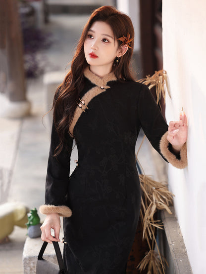 Long Sleeve Fur Trim Midi Qipao | Denise