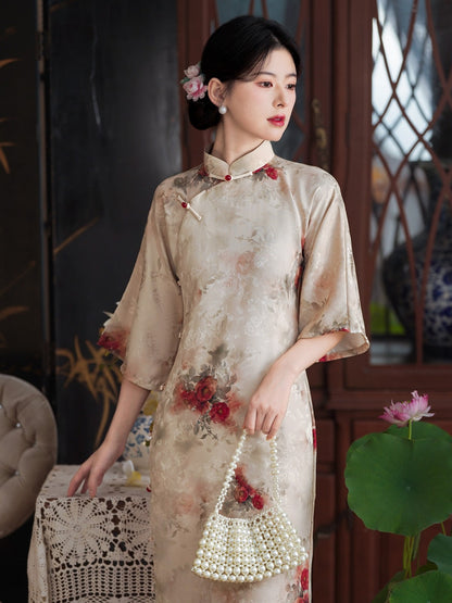 Mid Sleeve Floral Long Cheongsam | Vintage
