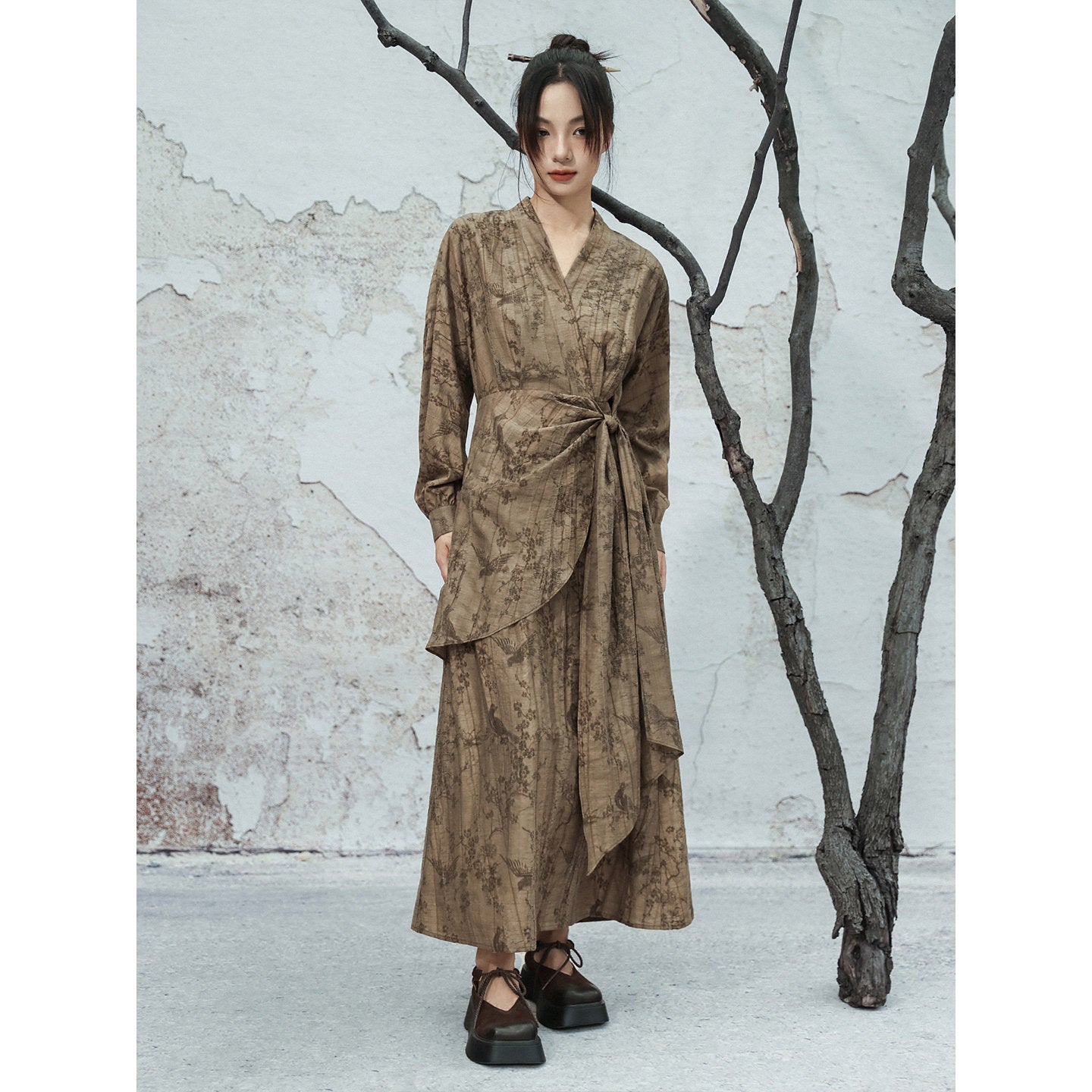 New Chinese Style V Neck Long Sleeve Jacquard Dress