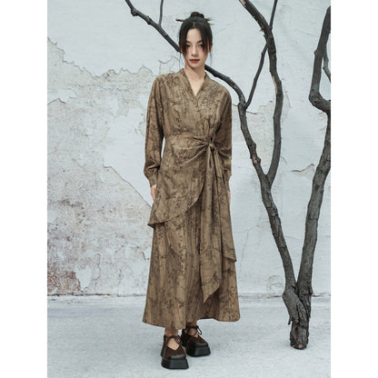 New Chinese Style V Neck Long Sleeve Jacquard Dress