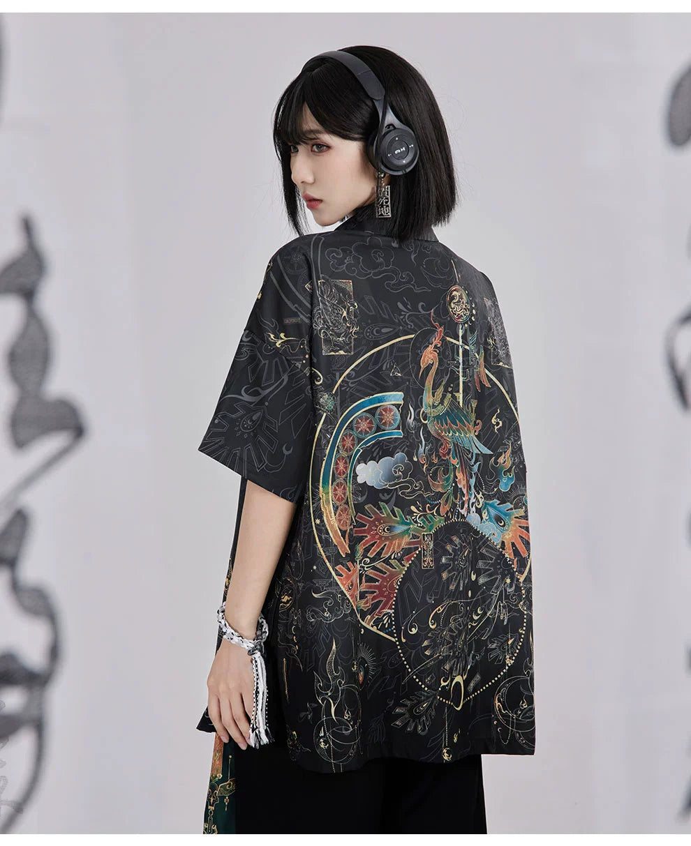 Bronze 青铜 - New Chinese Style Printed Shirt Wide Leg Pants Outfit