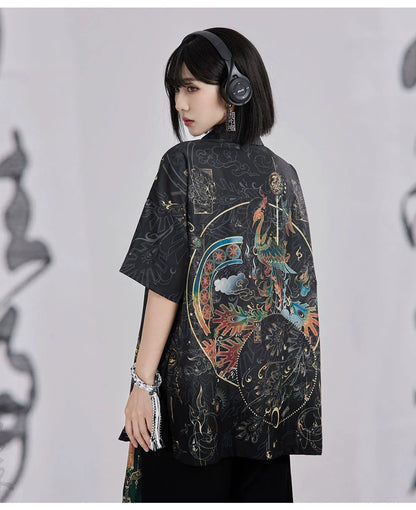 Bronze 青铜 - New Chinese Style Printed Shirt Wide Leg Pants Outfit
