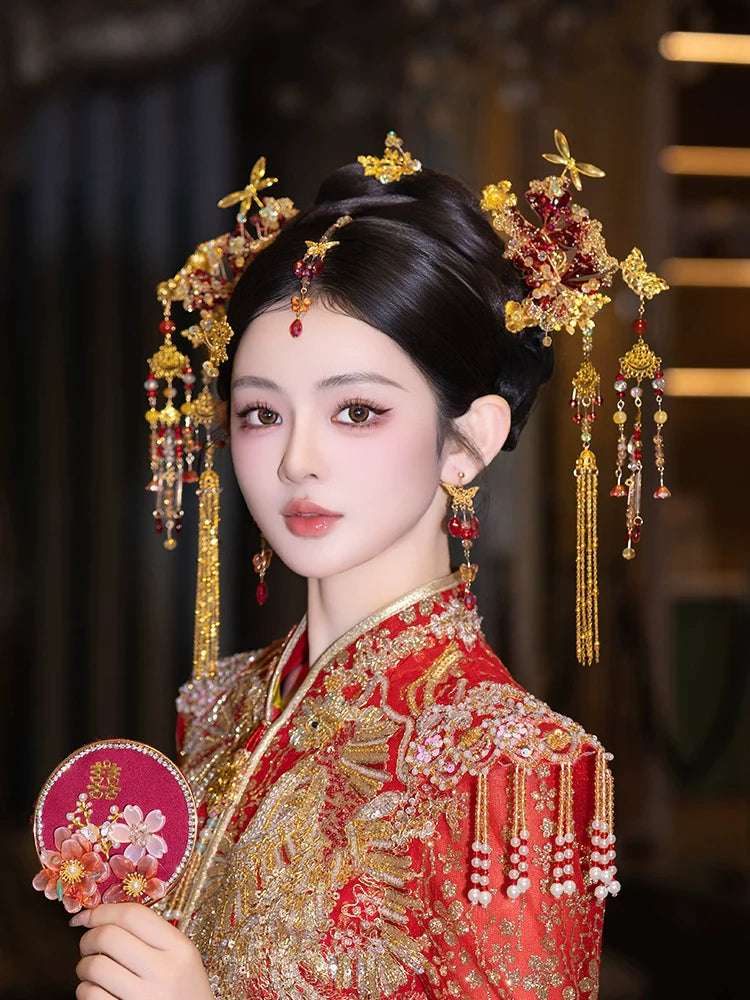 Eternal Veil - Golden Phoenix Bridal Hairpin with Forehead Pendant Chinese Wedding Headpiece