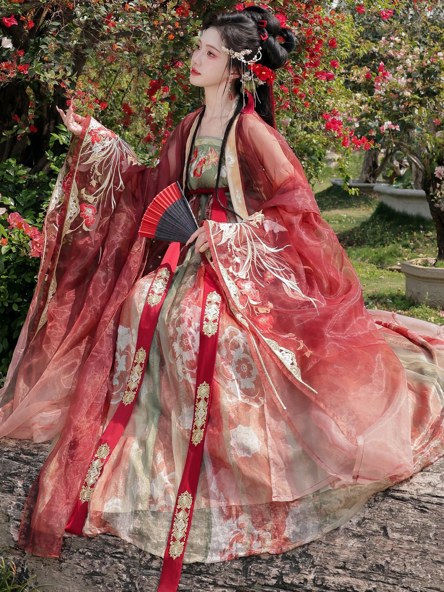 Zan Hong | Festive Red Hanfu Set with Embroidered Qixiong Dress and Wide Sleeve Cardigan
