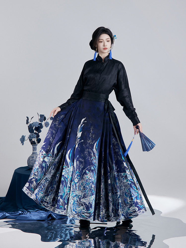Ming Dynasty Modern Hanfu Long Sleeve Top and Mamian Skirt - Sparkling Jade 好多翠
