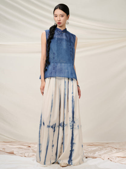New Chinese Style Tie Dye High Waist Wide Leg Pants - Lanji 揽霁