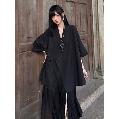 New Chinese Style Cross Collar Long Sleeve Cardigan