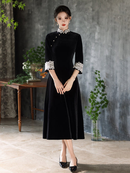 Mid Sleeve A Line Lace Cheongsam | Onyx