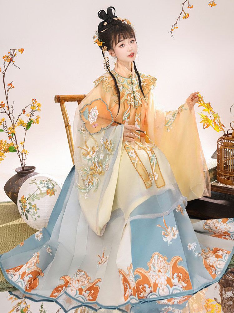Ming Dynasty Embroidered Robe & Printed Mamian Skirt | Cloud Mirror 云外镜