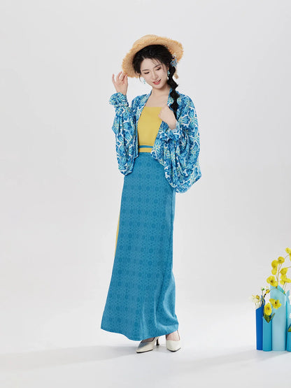 Song Dynasty Modern Hanfu Set with Famen Temple Beizi and Spiral Skirt - Coconut Wind Forest 椰风林 (Preorder)