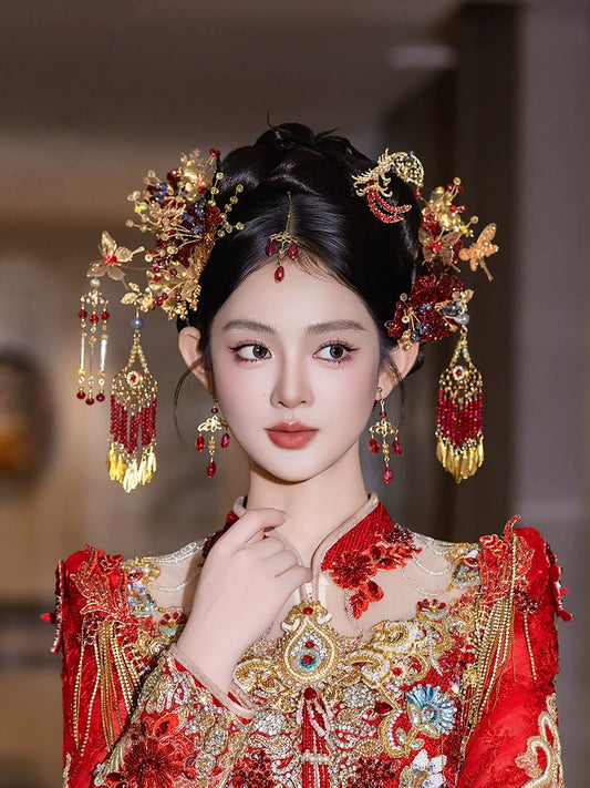 Vintage Red Forehead Pendant Hairpin New Chinese Bridal Hair Accessories for Xiuhe and Wedding Updos