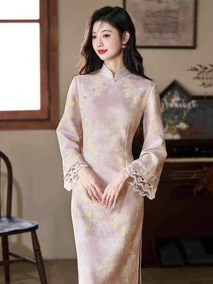 Long Sleeve Lace Trim Long Cheongsam | Clear Tea