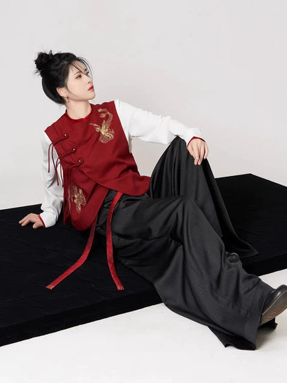 New Chinese Style Women Gold Thread Embroidered Vest, Top & Wide Leg Pants - Firefinch 火雀 (Preorder)