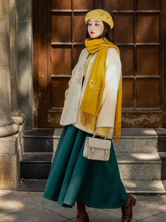 Song Dynasty Modern Hanfu Winged Sleeve Top and Wrap Skirt for Autumn and Winter - Rose Heart 玫瑰心事 (Preorder)