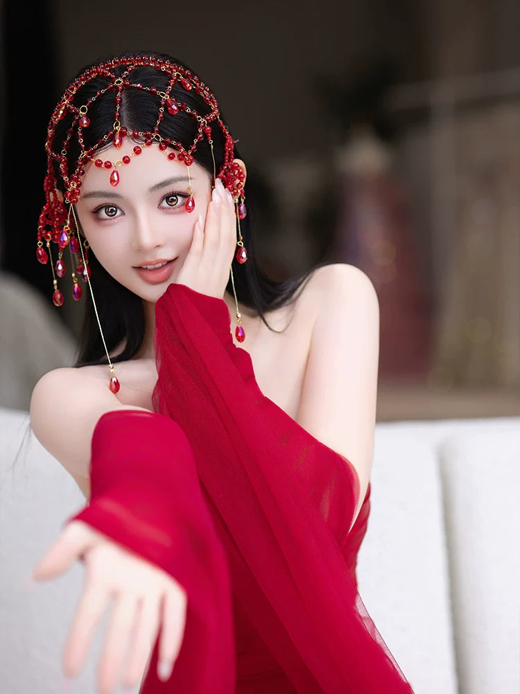 Blossoms in Red Veil - Exotic Dunhuang Bridal Hair Accessories Set Tassel Forehead Pendant Wedding Headpiece