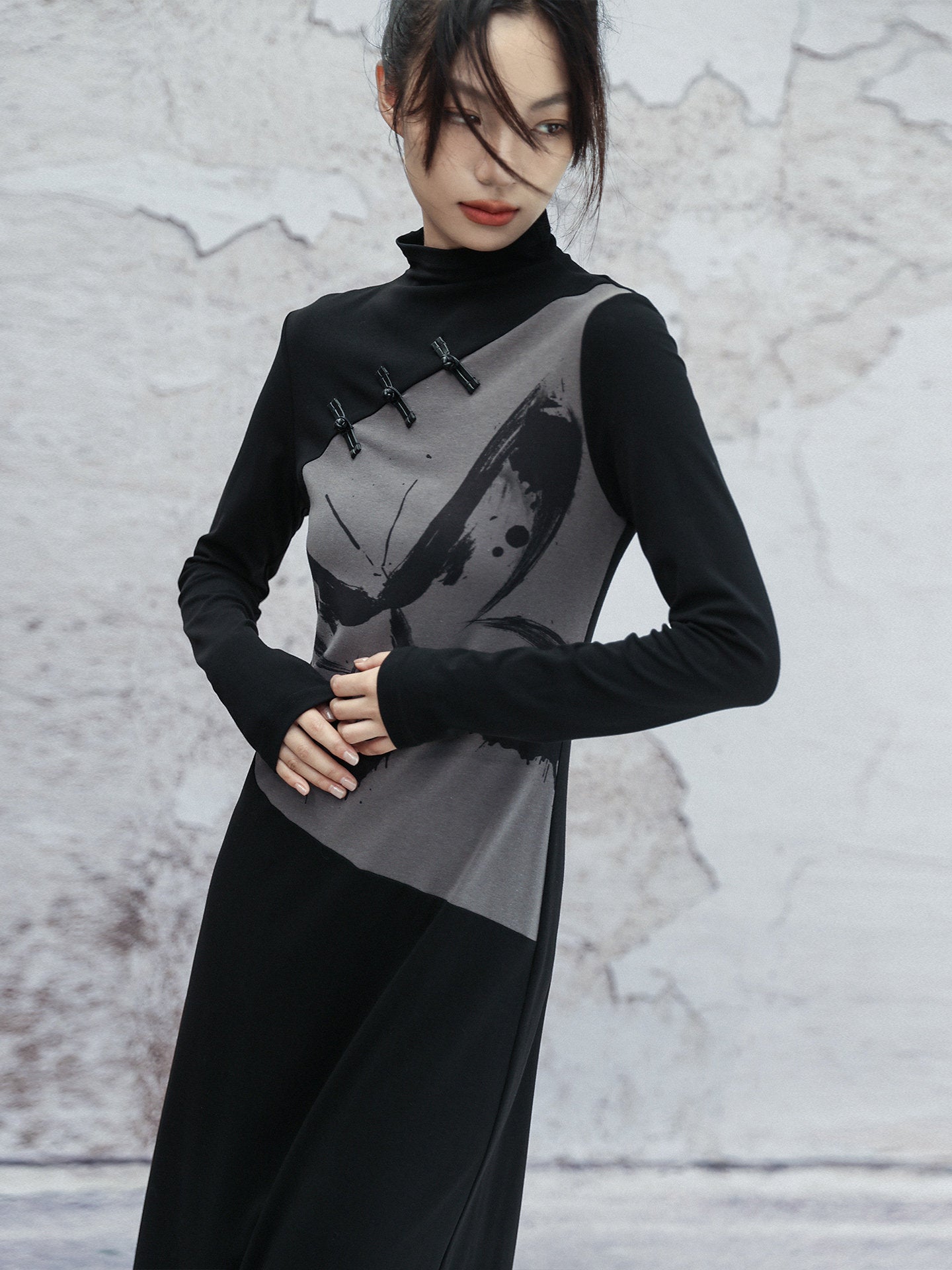 New Chinese Style Retro Ink Butterfly Print Long Sleeve Dress