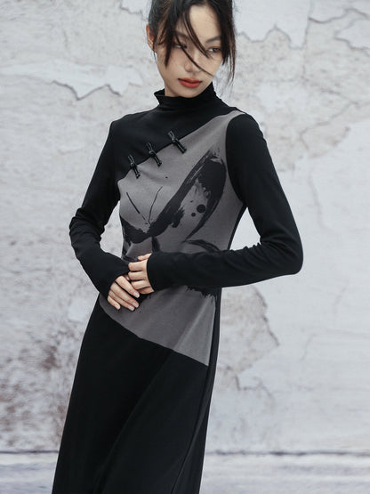 New Chinese Style Retro Ink Butterfly Print Long Sleeve Dress