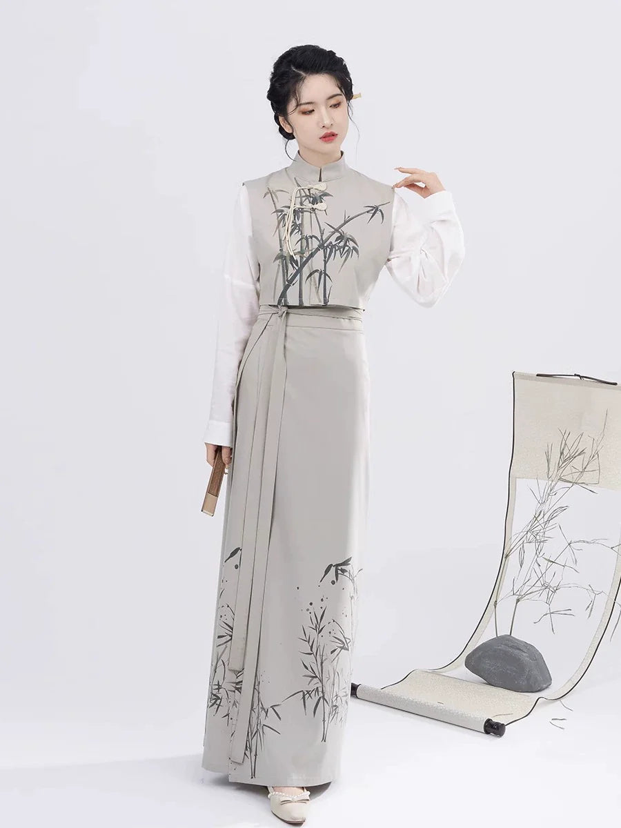 Song Dynasty Modern Hanfu Set with Majia, Long Sleeve Top and Spiral Skirt - Charming Bamboo 君竹 (Preorder)