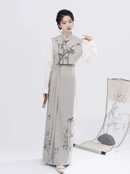 Song Dynasty Modern Hanfu Set with Majia, Long Sleeve Top and Spiral Skirt - Charming Bamboo 君竹 (Preorder)