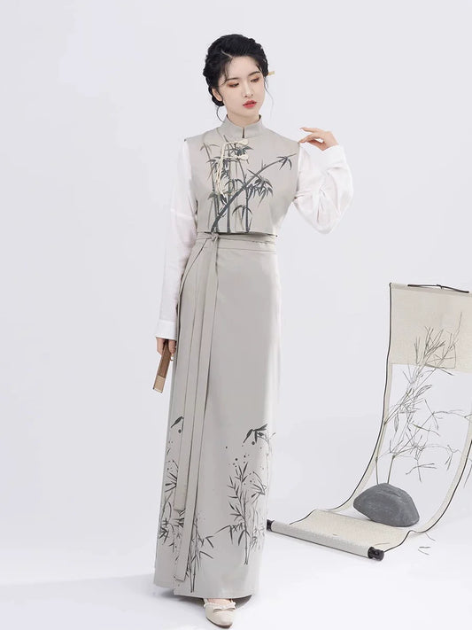 Song Dynasty Modern Hanfu Set with Majia, Long Sleeve Top and Spiral Skirt - Charming Bamboo 君竹 (Preorder)