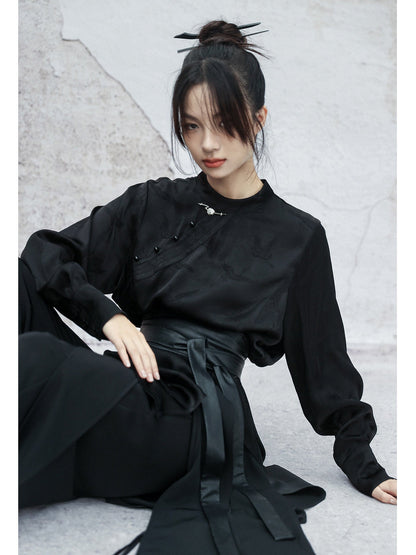 New Chinese Style Satin Crane Dark Pattern Long Sleeve Top - Ciyunjian 辞云间