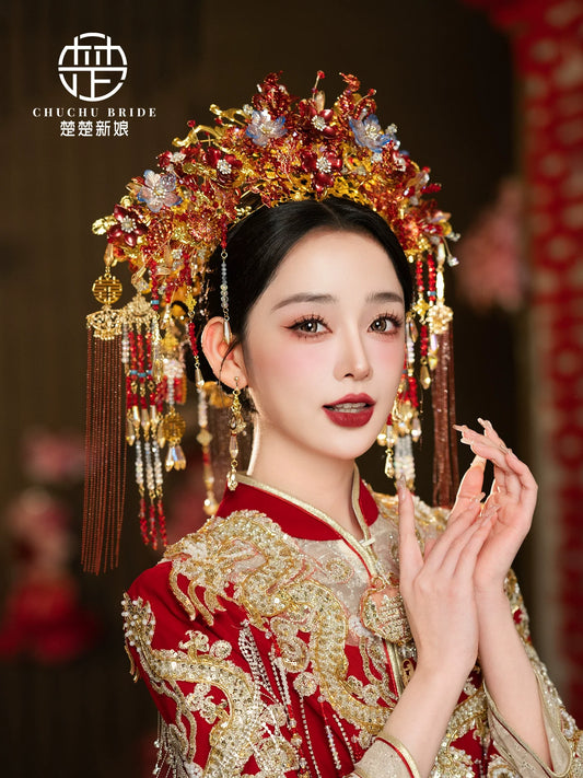 Dynasty Empress - Gold Red Phoenix Bridal Crown with Tassels for Hanfu Wedding Ceremony
