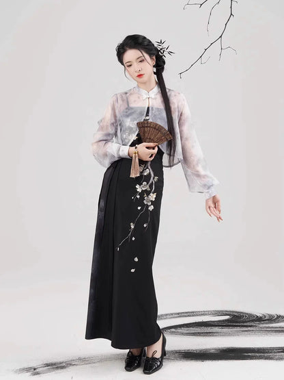Song Dynasty Modern Hanfu Set with Spiral Skirt - Night Plum Window 暗梅窗夜 (Preorder)
