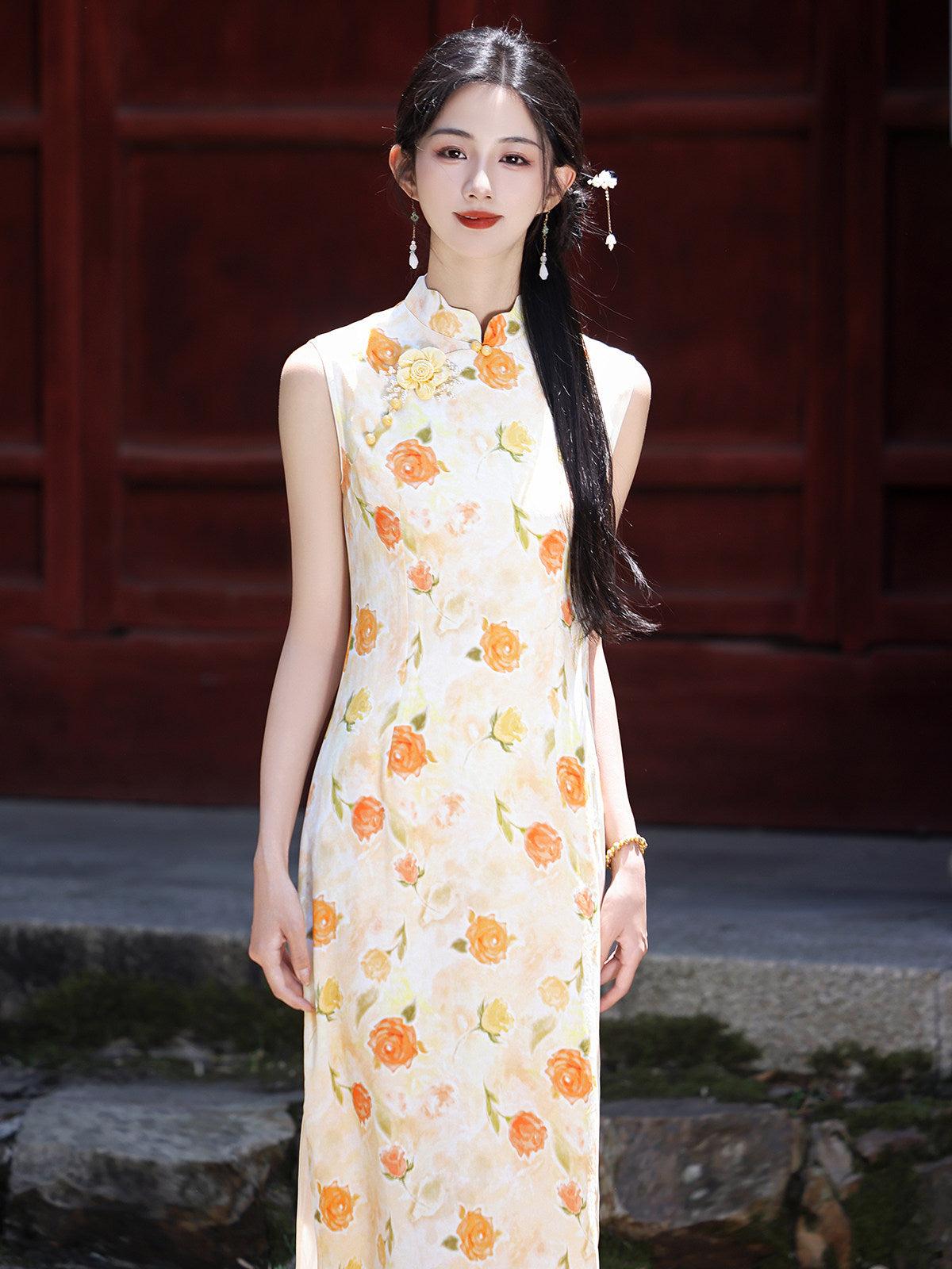 Sleeveless Floral Midi Cheongsam | Orange Blossoms
