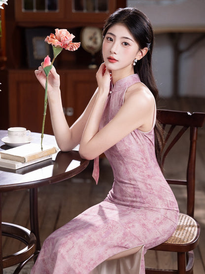 Sleeveless Halter Neck Midi Cheongsam | Ribbons