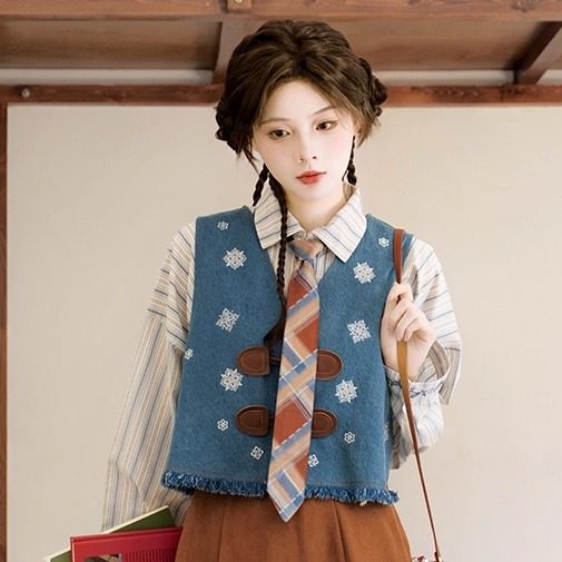 New Chinese Style Long Sleeve Top and Elastic Skirt with Pockets - Sea Salt Mocha 海盐摩卡