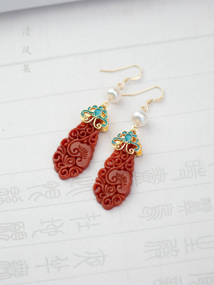 Natural Red Jade Antique Earrings | Hanfu Jewelry