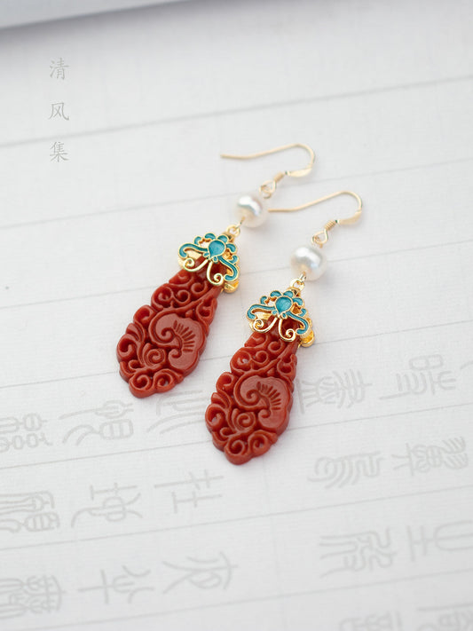 Natural Red Jade Antique Earrings | Hanfu Jewelry