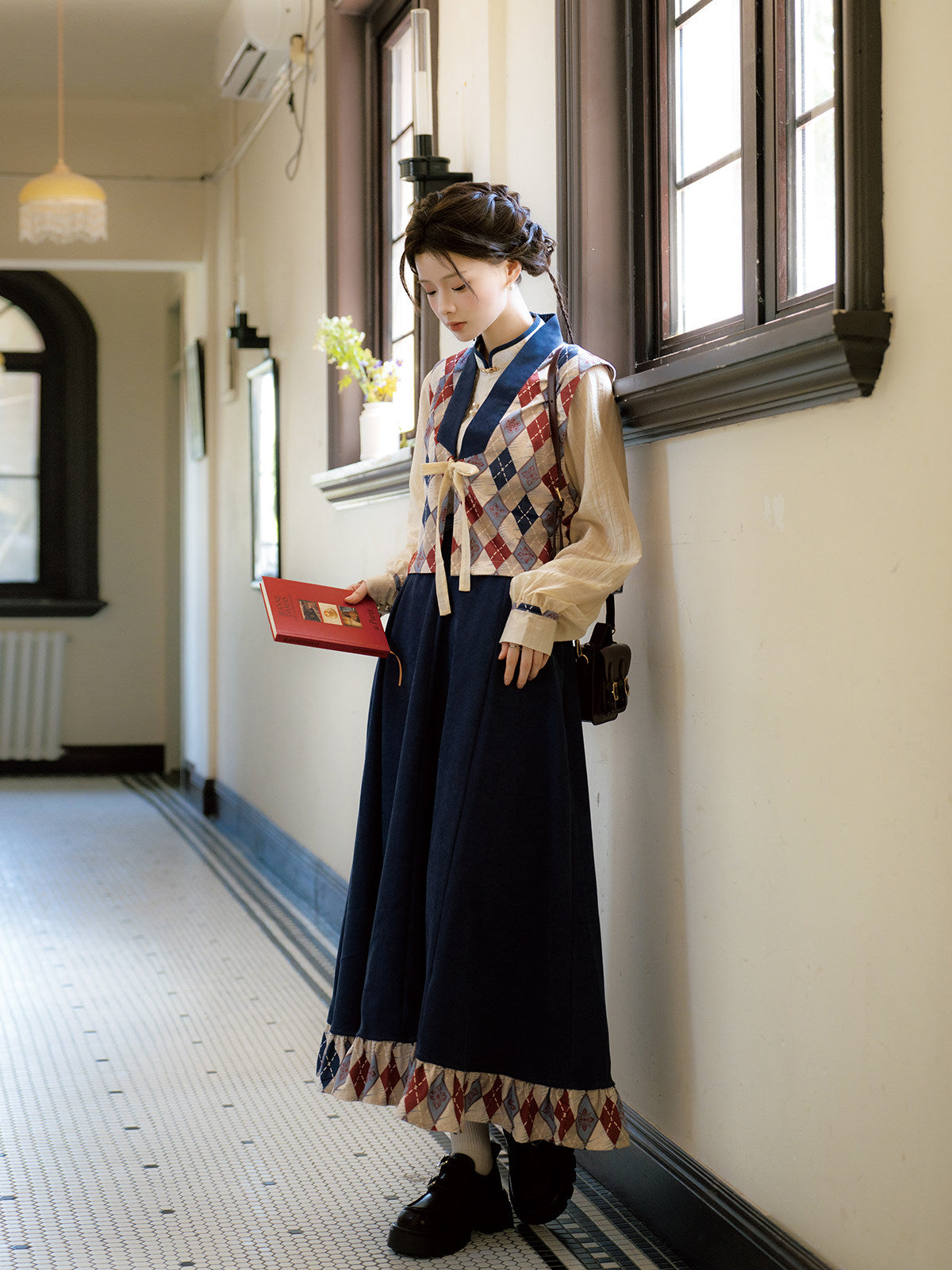 New Chinese Style Tencel Long Sleeve Top and Elastic Skirt with Pockets - Red Glaze 霁蓝红釉
