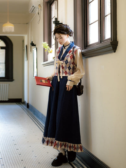 New Chinese Style Tencel Long Sleeve Top and Elastic Skirt with Pockets - Red Glaze 霁蓝红釉