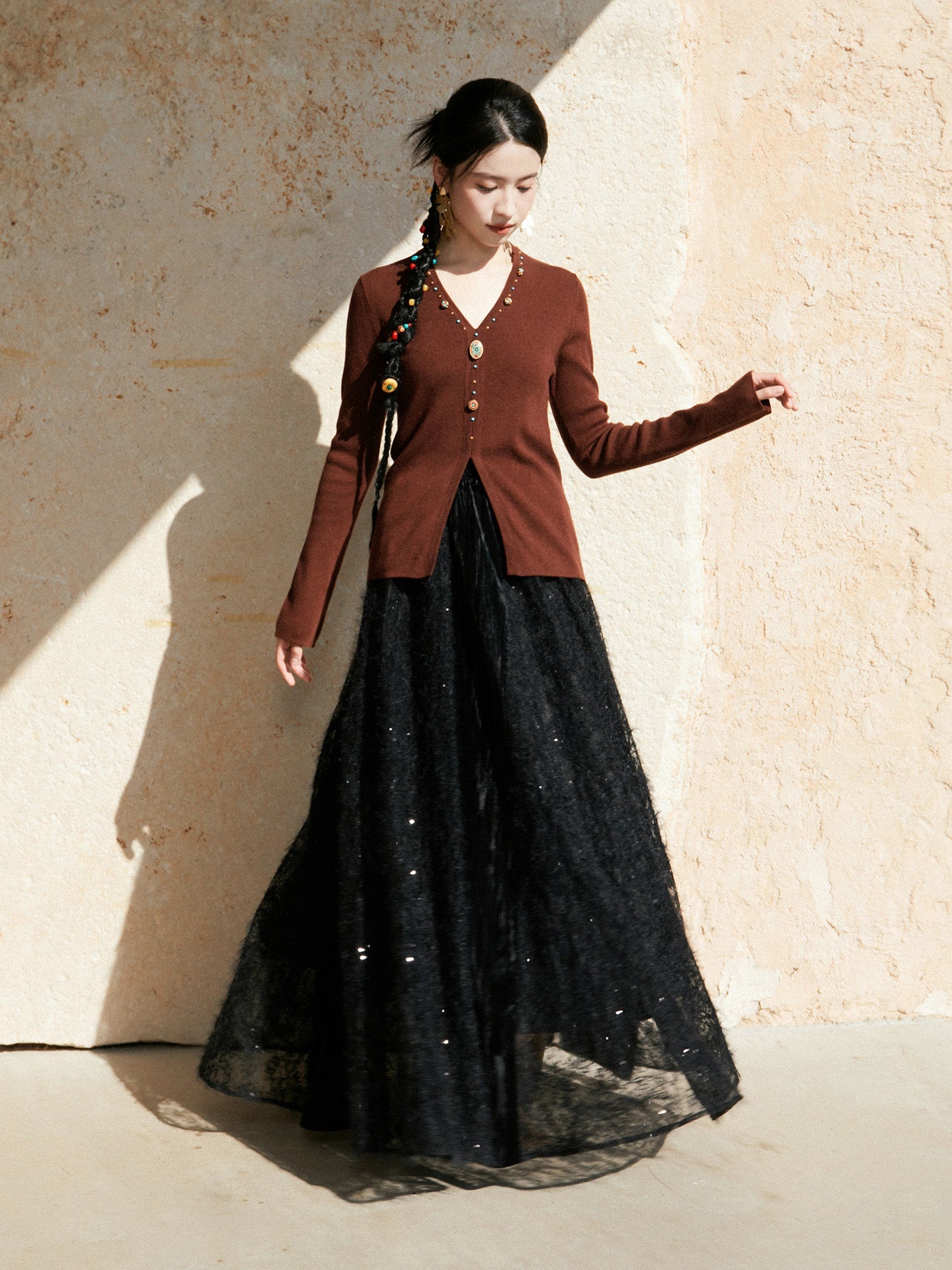 New Chinese Style V-Neck Knitted Cashmere Blend Sweater - Zhuozhuo 灼灼