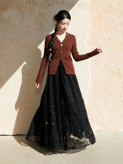 New Chinese Style V-Neck Knitted Cashmere Blend Sweater - Zhuozhuo 灼灼