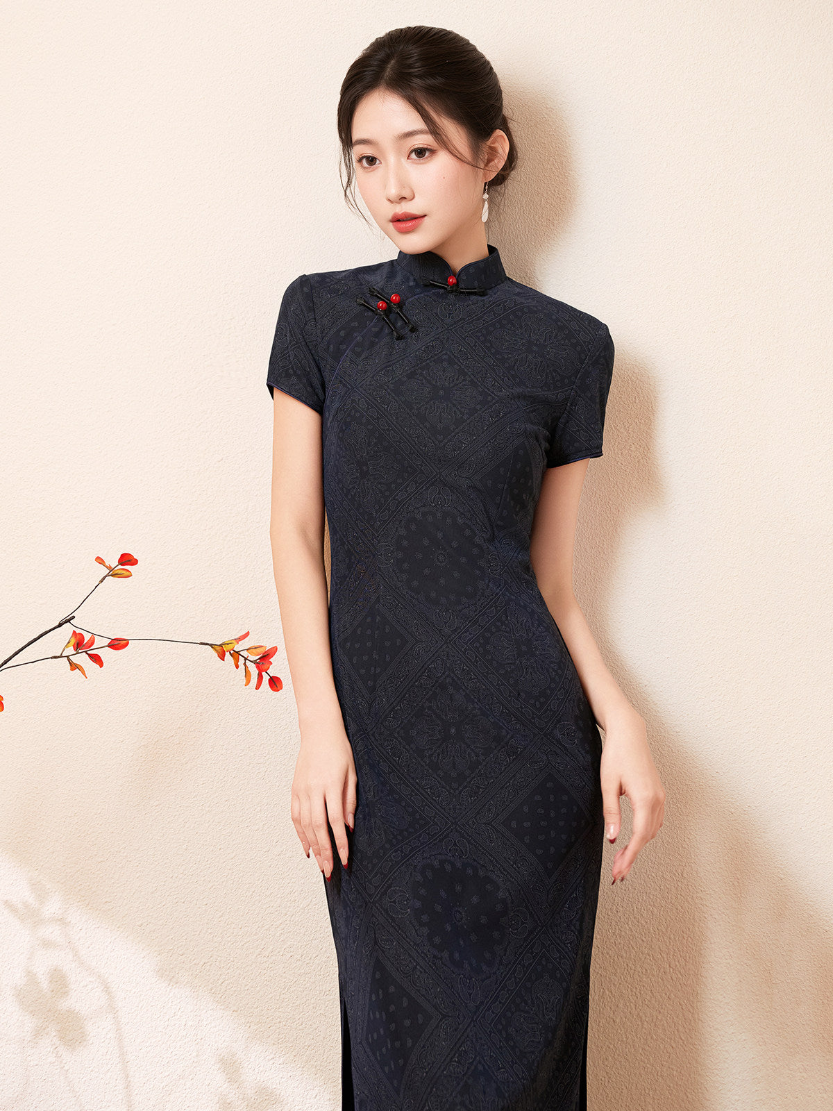 Short Sleeve Midi Cheongsam | Navy