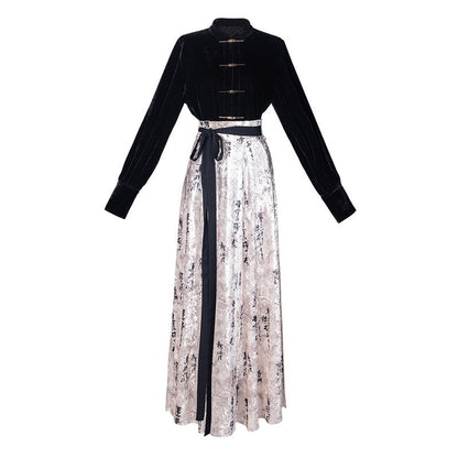 New Chinese Style Cheongsam Top and Calligraphy Wrap Skirt - Moran 墨染 (Preorder)