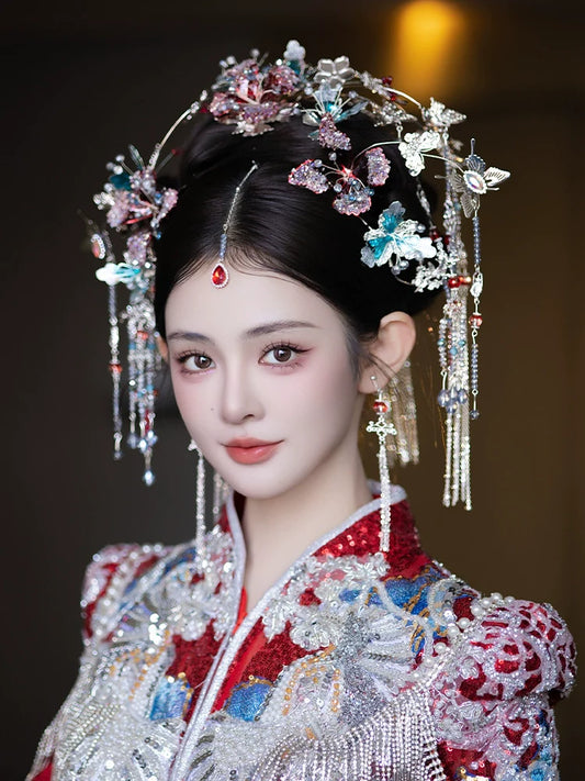 Winter Silver Butterfly tassel Chinese wedding headpiece - detail view