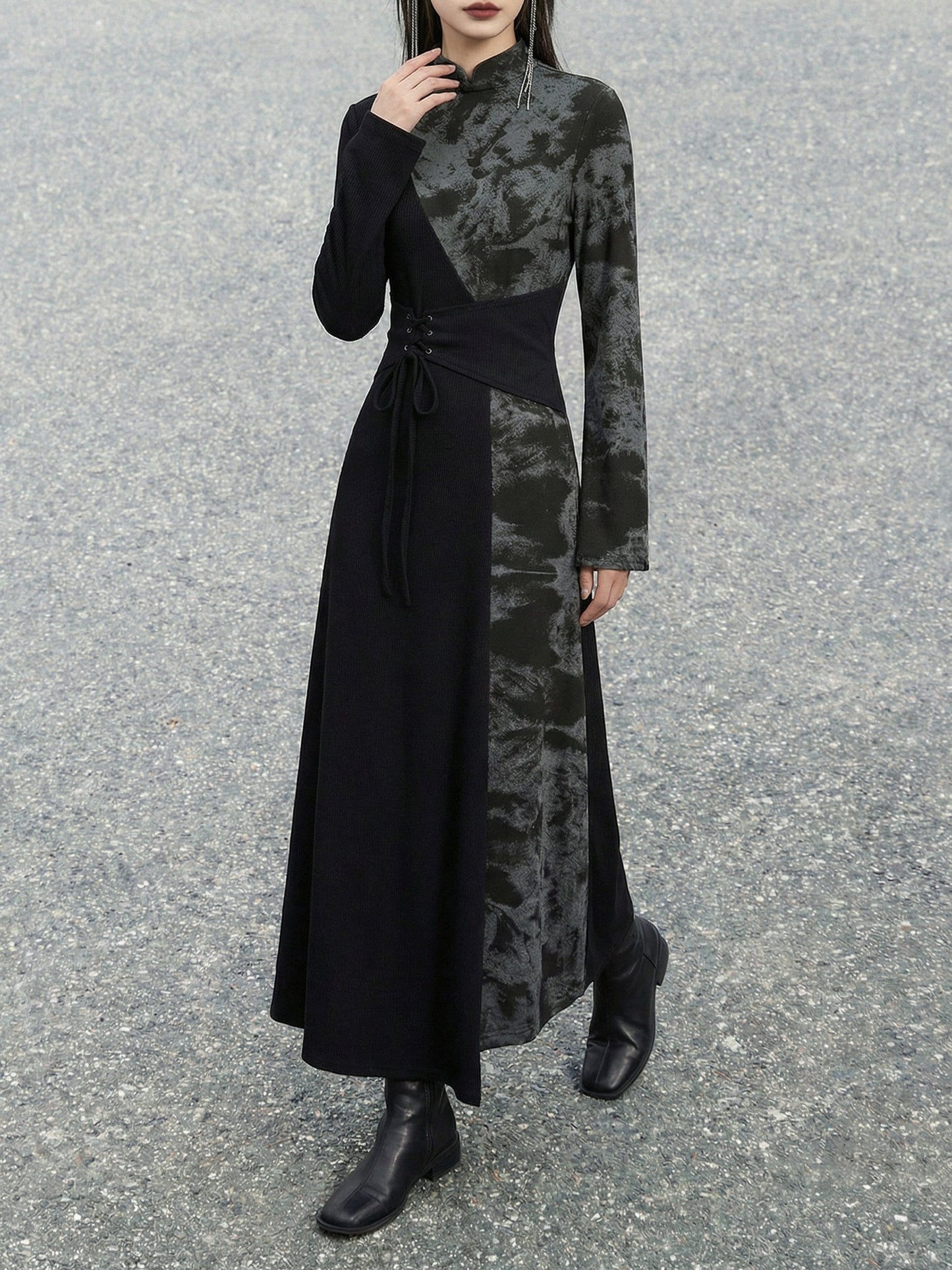 New Chinese Style Black Cotton Long Sleeve Dress (Preorder)
