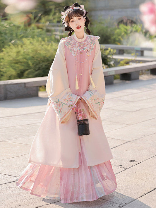 Ming Dynasty Bijia Vest & Printed Pleated Skirt | Moon and Evening Flowers 月夕花晨