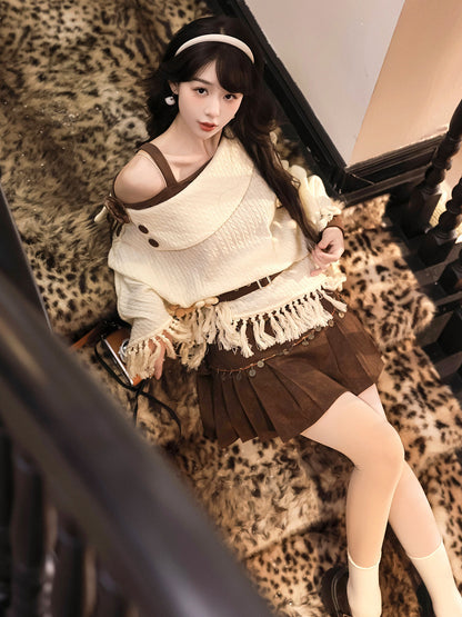 New Chinese Style Off Shoulder Knitted Cloak and Skirt - City Witch 城市女巫