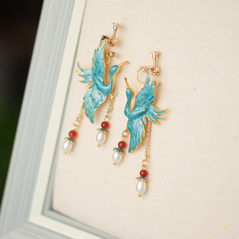 Crane Pearls Antique Earrings | Hanfu Jewelry