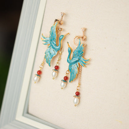 Crane Pearls Antique Earrings | Hanfu Jewelry