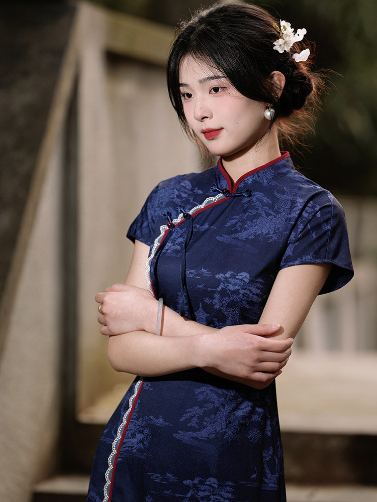 Short Sleeve Floral Long Cheongsam | Hengqing