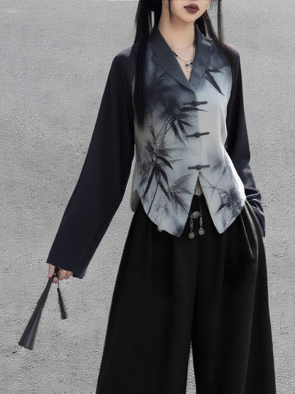 New Chinese Style Shadow Bamboo Ink Long Sleeve Top (Preorder)