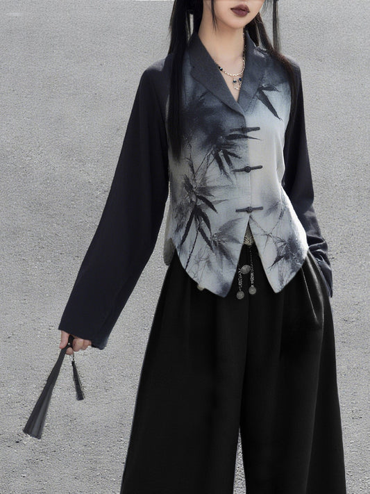 New Chinese Style Shadow Bamboo Ink Long Sleeve Top (Preorder)